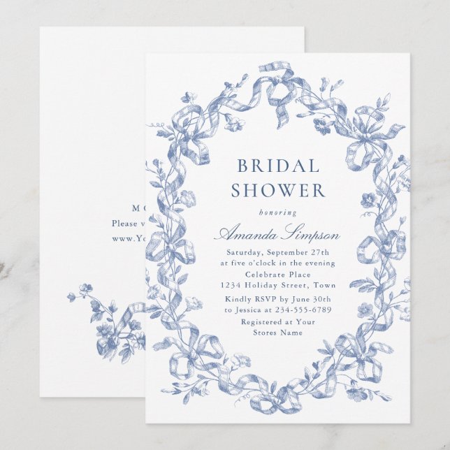 Invitación Victoria Ornate Grace Dusty Blue Bridal Shower (Anverso / Reverso)