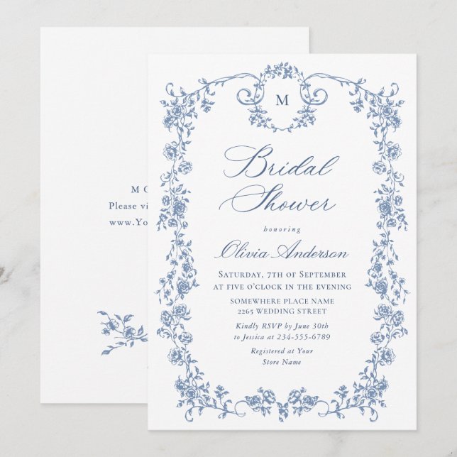 Invitación Victoria Ornate Grace Dusty Blue Bridal Shower (Anverso / Reverso)