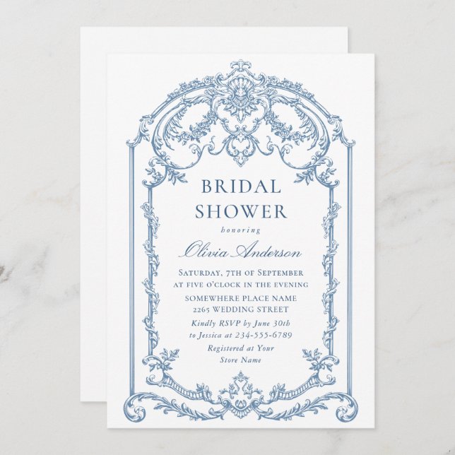 Invitación Victoria Ornate Grace Dusty Blue Bridal Shower (Anverso / Reverso)