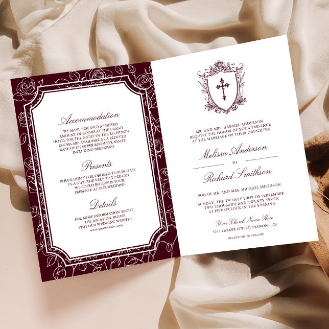 Invitación Victorian Burgundy Catholic QR Code Wedding (Subido por el creador)