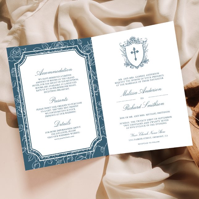 Invitación Victorian Dusty Blue Catholic QR Code Wedding (Subido por el creador)