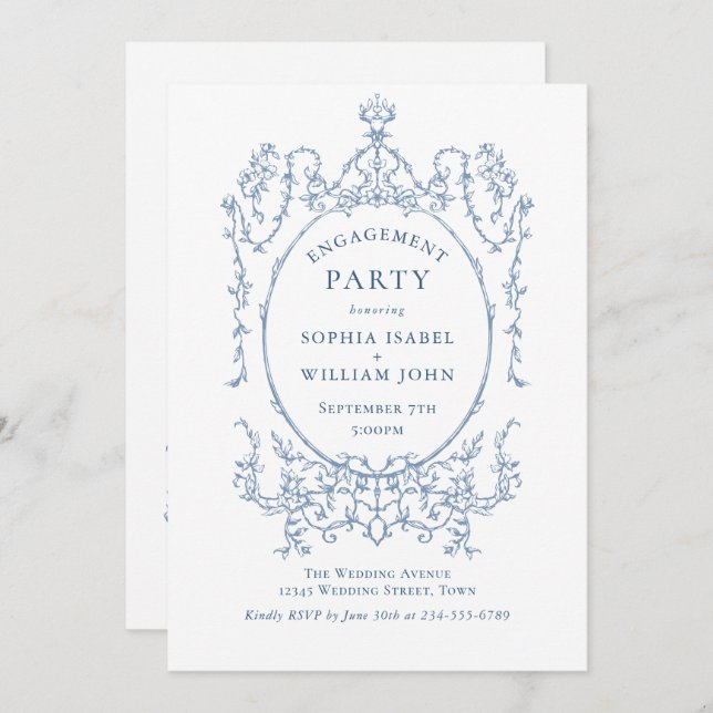 Invitación Victorian Dusty Blue ENGAGEMENT PARTY código QR (Anverso / Reverso)