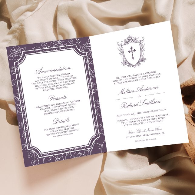 Invitación Victorian Dusty Purple Catholic QR Code Wedding (Subido por el creador)