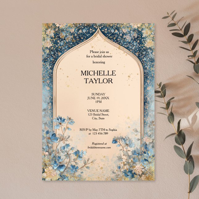 Invitación Victorian Enchanted Garden Elegant Floral Bridal (BLUE AND GOLD FLORAL ARCH BRIDAL SHOWER INVITATION)