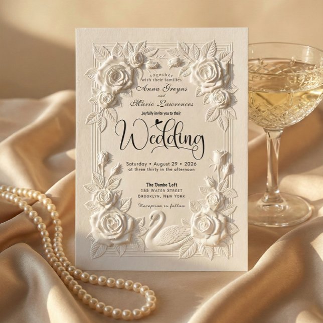Invitación Victorian Faux Embossed Swan & Rose Wedding (Subido por el creador)