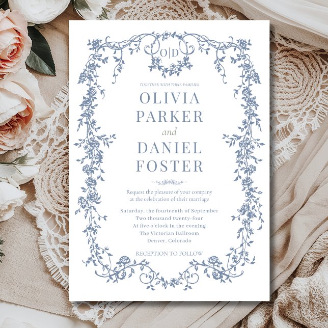 Invitación Victorian French Dusty Blue Wedding Monogram (Subido por el creador)