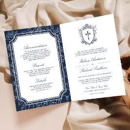 Invitación Victorian Navy Blue Catholic QR Code Wedding