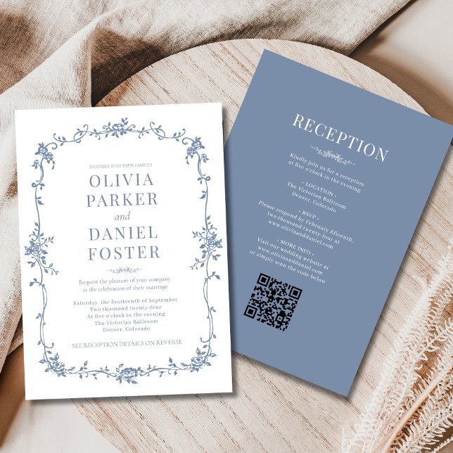 Invitación Victorian QR Code All in One Dusty Blue Wedding  (Subido por el creador)