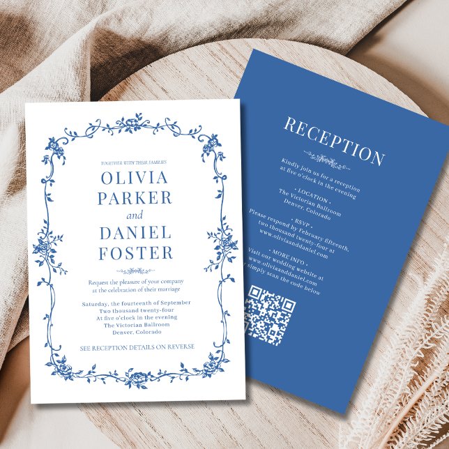 Invitación Victorian QR Code All in One Royal Blue Wedding  (Subido por el creador)
