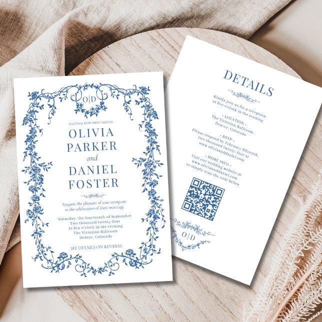 Invitación Victorian Royal Blue All in One Wedding Monogram (Subido por el creador)
