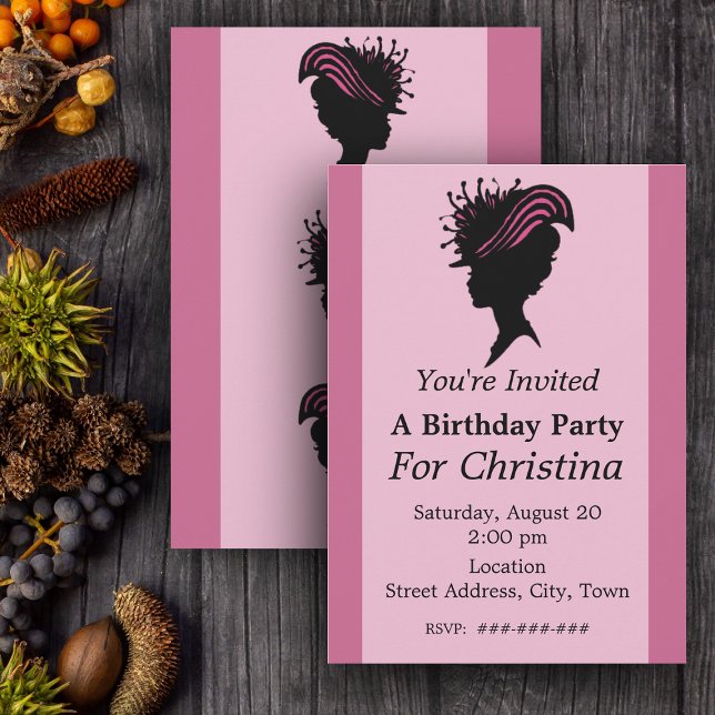 Invitación Victoriana Lady Black Silhouette Fancy Gorra Cumpl (Silhouette of face of Victorian woman fancy hat on pink Birthday party invitations.)