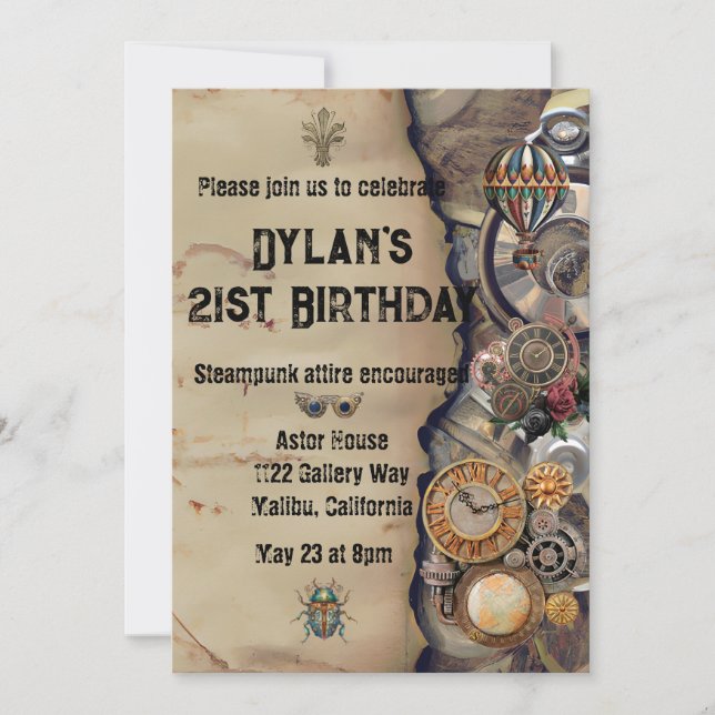 Invitación victoriana vintage de Steampunk Fiesta (Anverso)