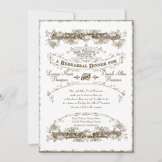 Invitación Victoriano de época Boda elegante de la cena (Anverso)