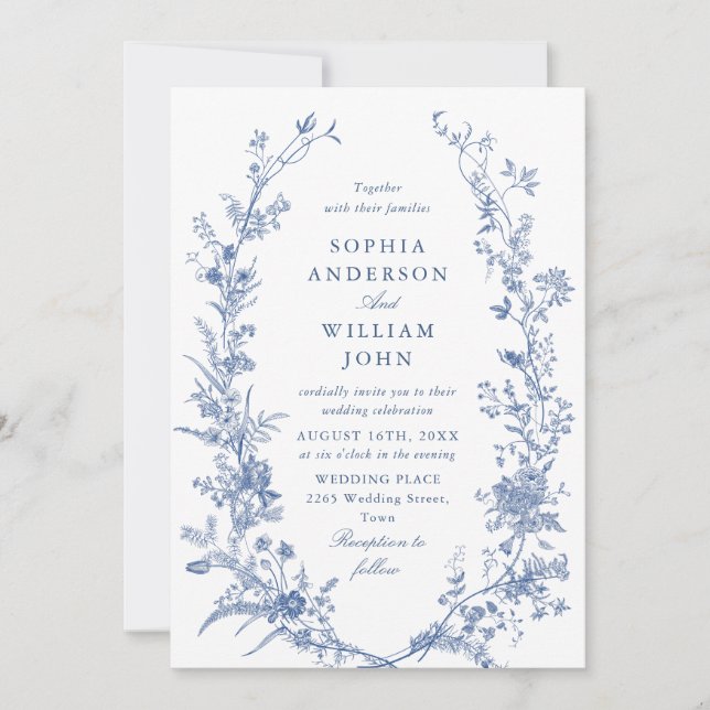 Invitación Victoriano Dusty Blue French Garden Boda Floral (Anverso)