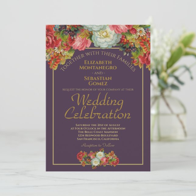 Invitación Victoriano Floral Elegante Plum & Gold Boda (Anverso de pie)