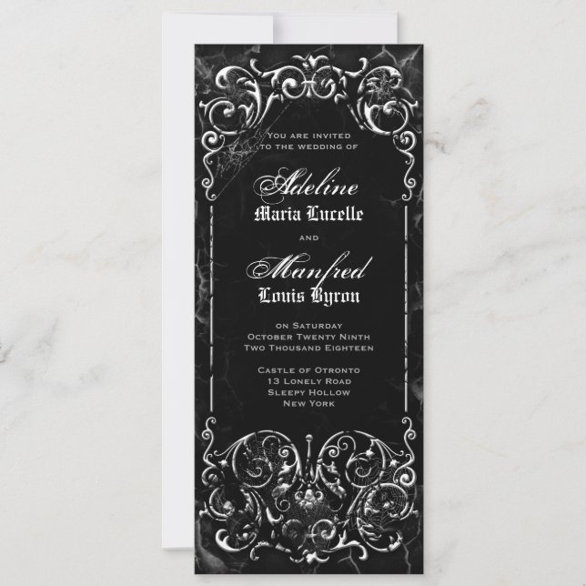 Invitación Victoriano gótico Tocante Boda blanco y negro (Anverso)