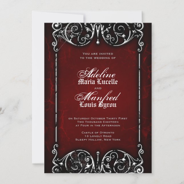 Invitación Victoriano gótico Tocante Boda rojo, negro y blanc (Anverso)
