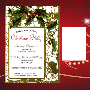 Invitación Victoriano Lacy Gold Frame y Holly Navidades Fiest