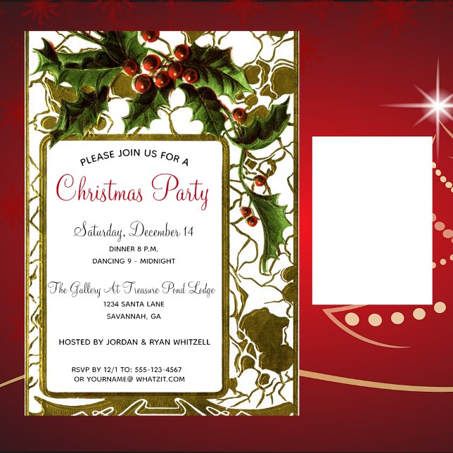 Invitación Victoriano Lacy Gold Frame y Holly Navidades Fiest (Subido por el creador)