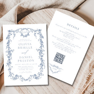 Invitación Victoriano todo en un Boda de código QR azul turbi