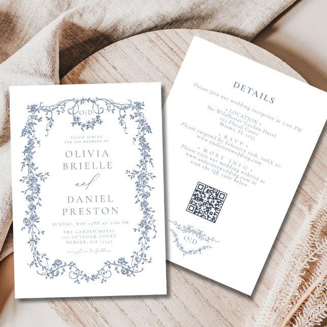 Invitación Victoriano todo en un Boda de código QR azul turbi (Subido por el creador)