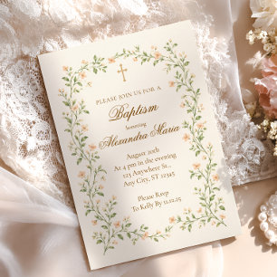 Invitación Vid floral de albaricoque Bautismo Cruz