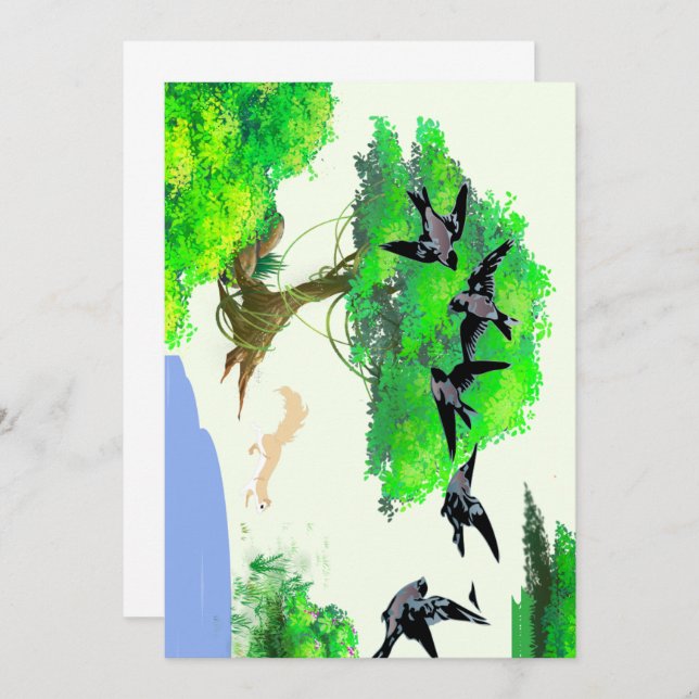 Invitación Vida de los bosques primaverales con aves y ardill (Anverso / Reverso)