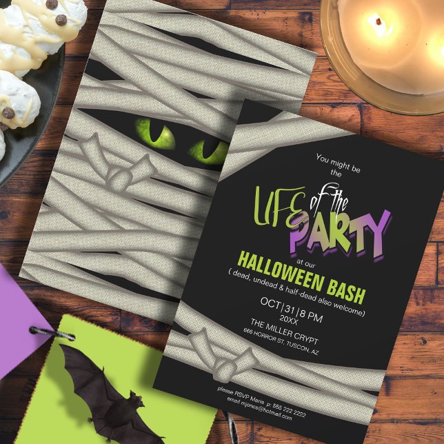 Invitación Vida del Fiesta Mummy Halloween Green ID685 (Front/Back In Situ)