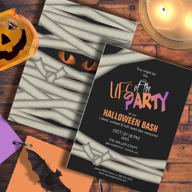 Invitación Vida del Fiesta Mummy Naranja de Halloween ID685 (Front/Back In Situ)