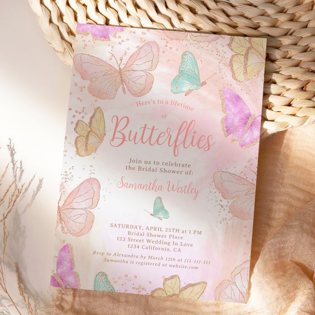 Invitación Vida dorada rosa de las mariposas ducha de novia (Gold pink Lifetime of butterflies bridal shower Invitation)