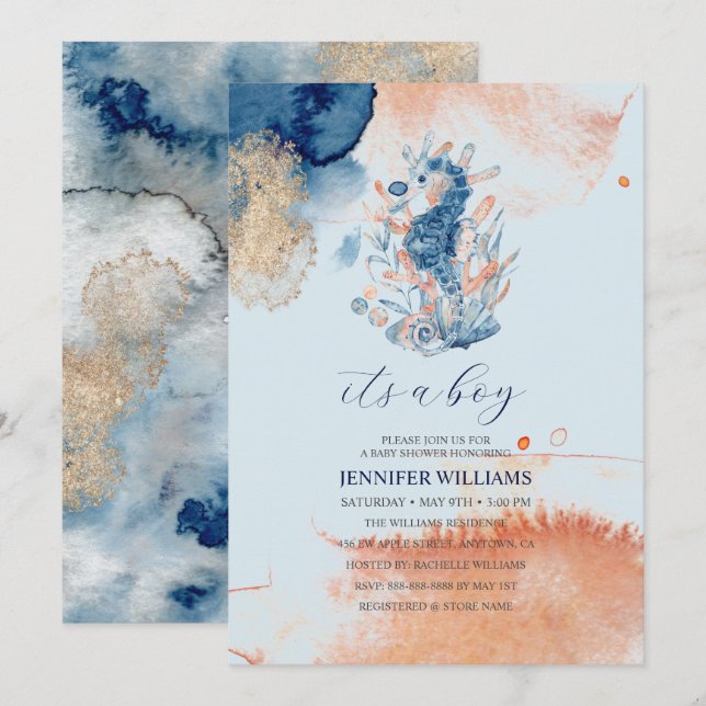 Invitación Vida marina | Es una Baby Shower de Boy Seahorse (Anverso / Reverso)
