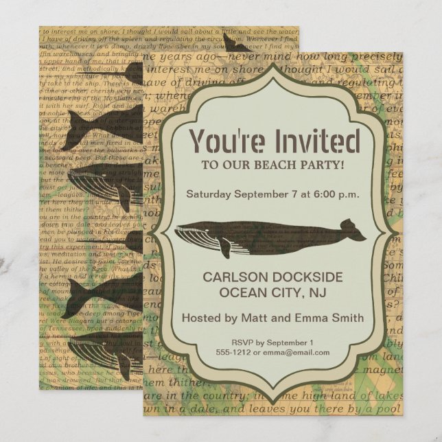 Invitación Vida marina náutica de ballena antigua (Anverso / Reverso)