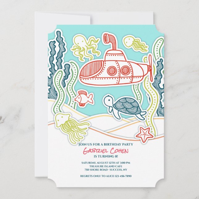 Invitación Vida marina y fiesta de cumpleaños submarino (Anverso)