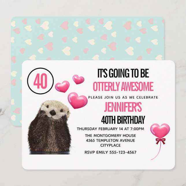 Invitación Vida silvestre de Otter con corazones rosados Cump (Anverso / Reverso)