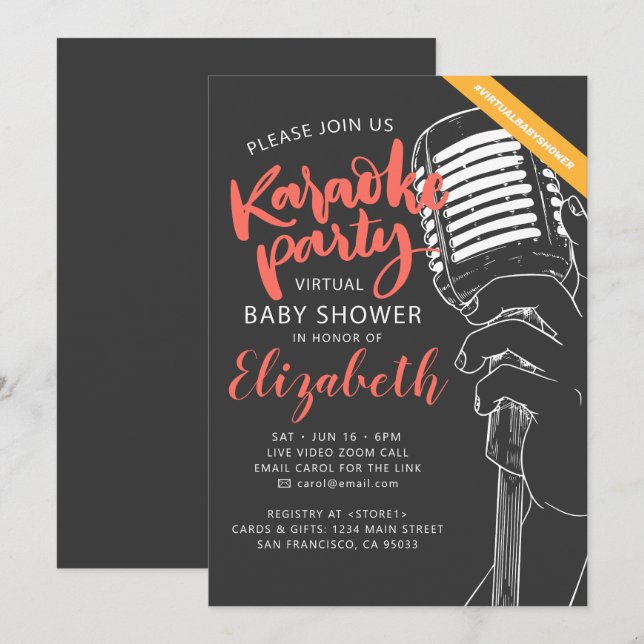 Invitación Video de Baby Shower de Fiesta de karaoke virtual (Anverso / Reverso)