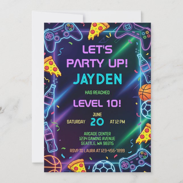 Invitación Video Game Birthday Invitation, Neon Gaming Party (Anverso)