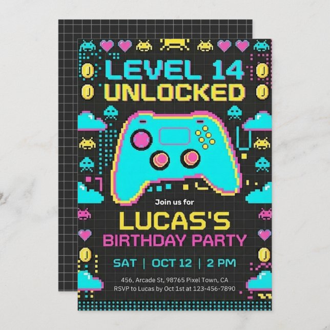 Invitación =Video Game Birthday Invitation Pixel Gamer Party (Anverso / Reverso)