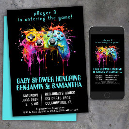 Invitación Video Game Gamer Blue Baby Shower