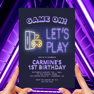 Invitación Video Game On Neon cumpleaños número 1
