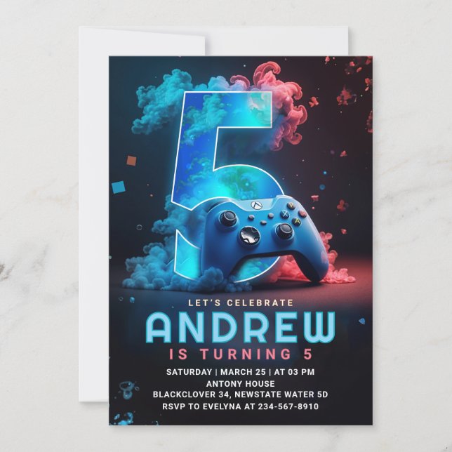 Invitación Videojuego 5ª fiesta de cumpleaños (Anverso)
