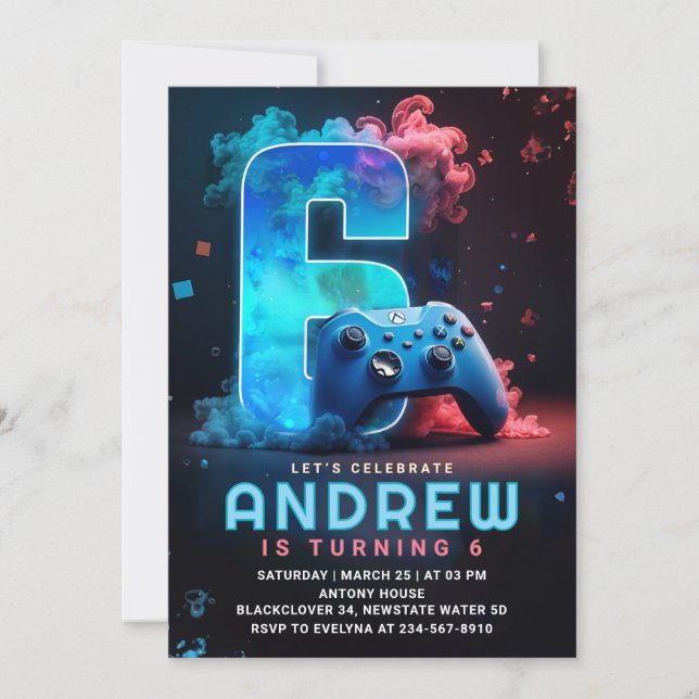 Invitación Videojuego 6ª fiesta de cumpleaños (Anverso)