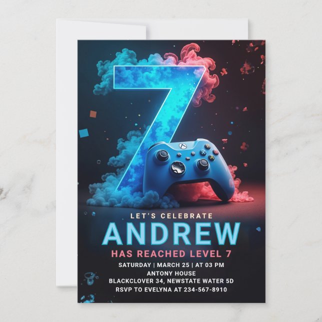 Invitación Videojuego 7.ª fiesta de cumpleaños (Anverso)