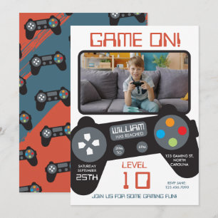 Invitación Videojuego Azul Rojo Chico Genial Foto Cumpleaños