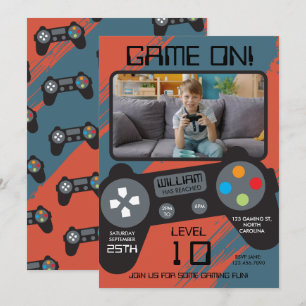 Invitación Videojuego Azul Rojo Chico Genial Foto Cumpleaños