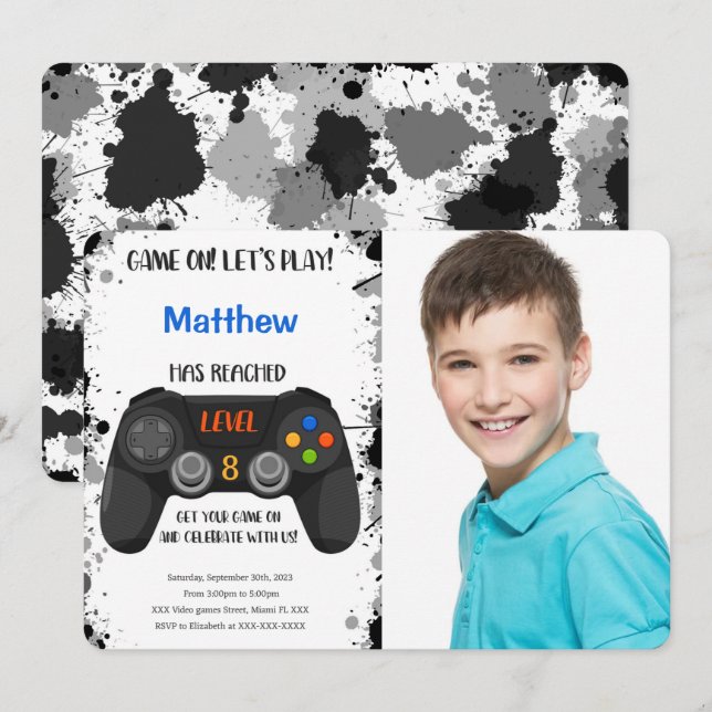 Invitación Videojuego de niños editables Foto de cumpleaños (Anverso / Reverso)