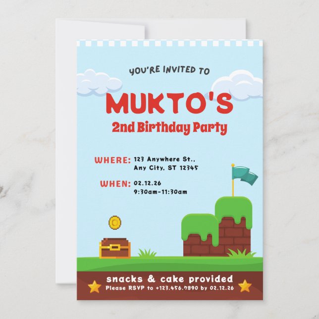 Invitación Videojuego Fiesta del segundo cumpleaños | Plantil (Anverso)