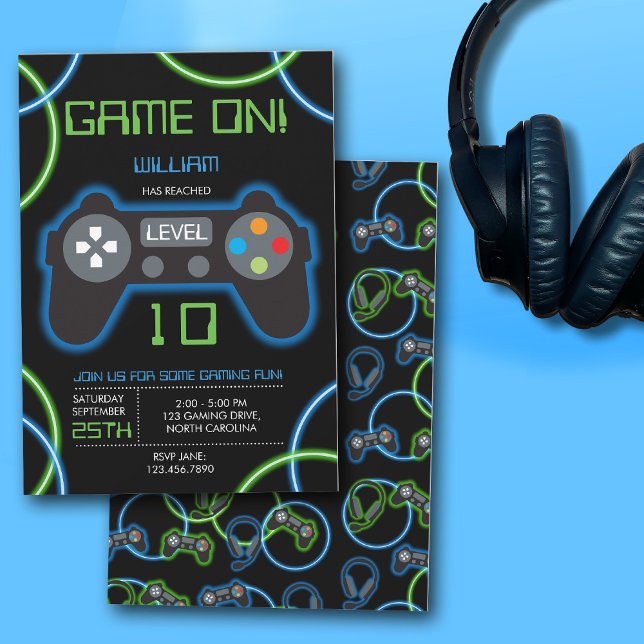 Invitación Videojuego Neon Blue & Green Birday Party (Video Game Neon Blue & Green Birthday Party Invitation)