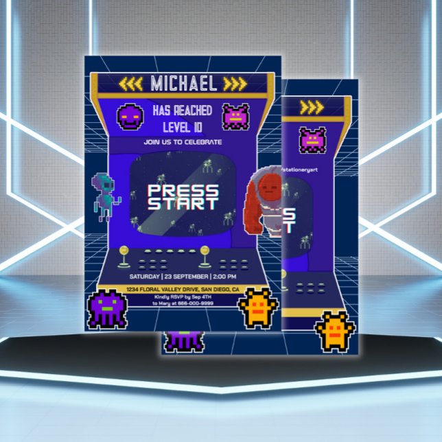 Invitación Videojuego Retro Pixels Partido de Cumpleaños (Arcade Video Game Birthday Party Invitation)