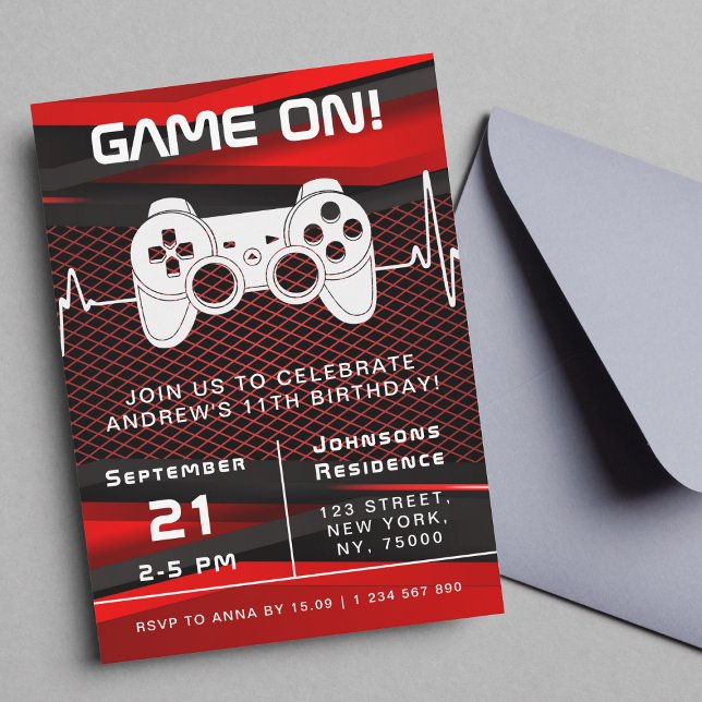 Invitación Videojuego rojo y negro que juega fiesta de cumple (Subido por el creador)