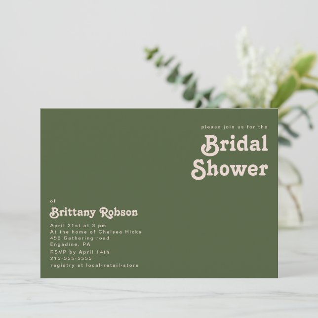 Invitación Videos retro simples | Ducha de novia verde oliva (Anverso de pie)